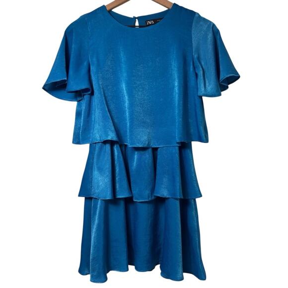 ZARA RUFFLED SATIN EFFECT MINI BLUE SIZE XS MINI WOMEN DRESS - Picture 2 of 6